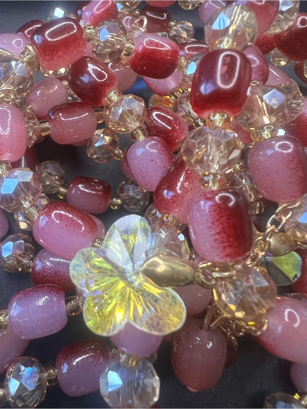 Pink & Red Glass Beaded Bracelet with CZ Butterfly Pendant NWOT